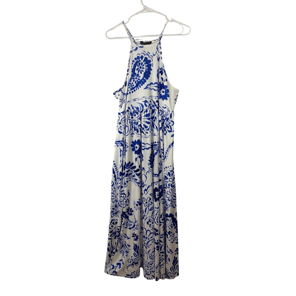 Noracora Blue White Paisley Floral Halter Maxi Dress XL Jersey Knit Summer Boho